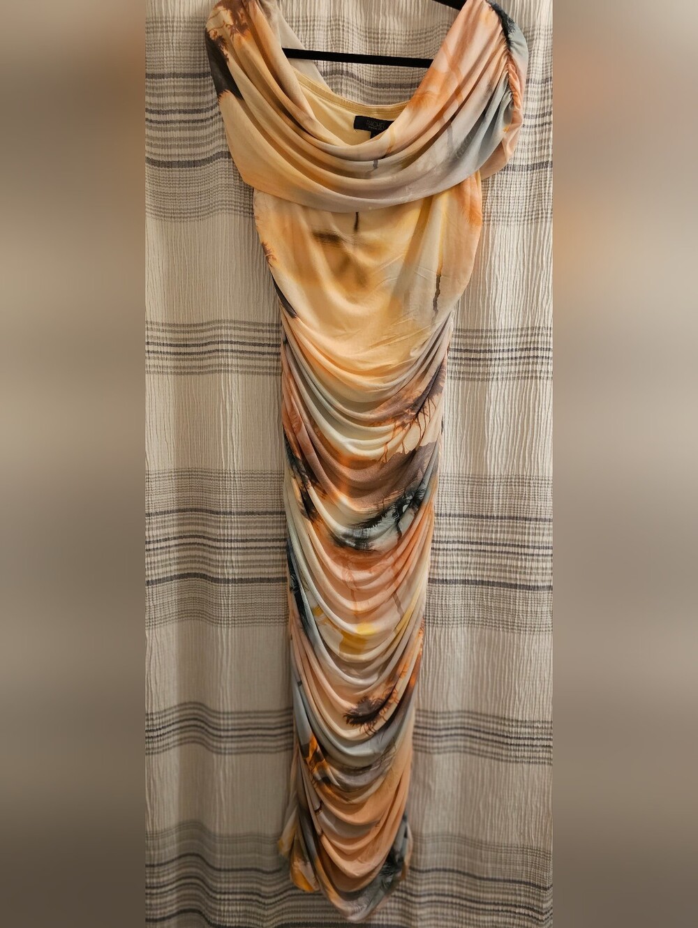 RACHEL Rachel Roy Peach and Gray Watercolor Cowl-Neck Ruched Maxi Dress